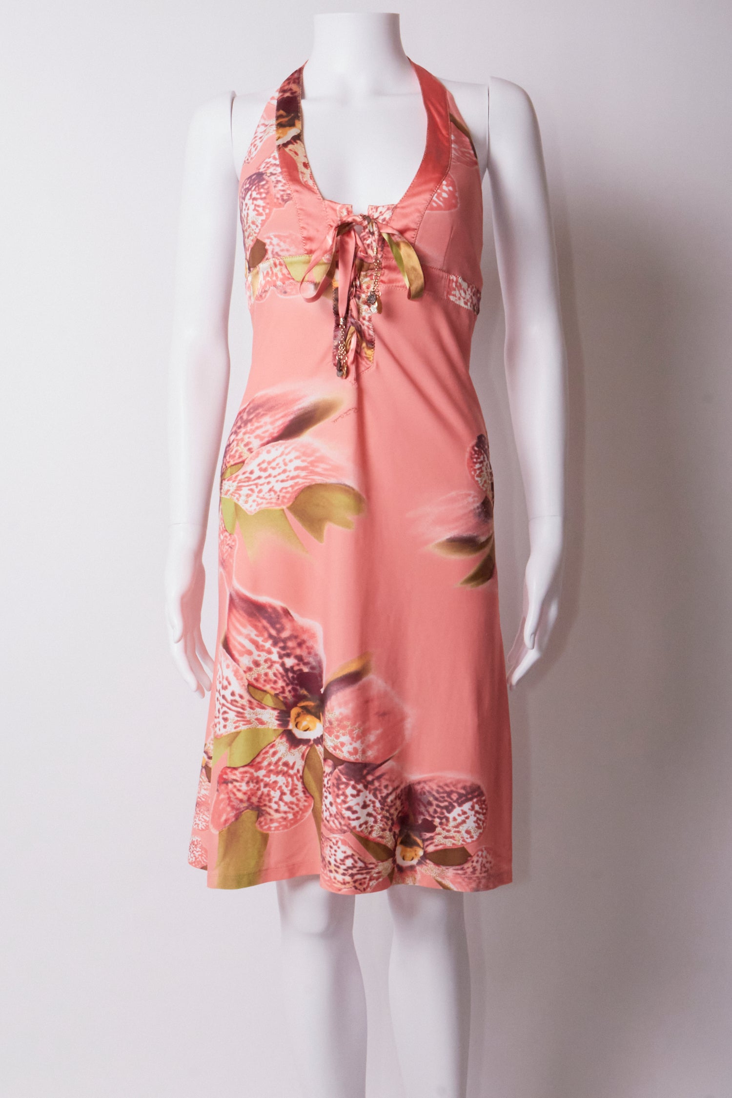 Roberto Cavalli 2005 Pink Floral Halter Midi Dress – Blummier