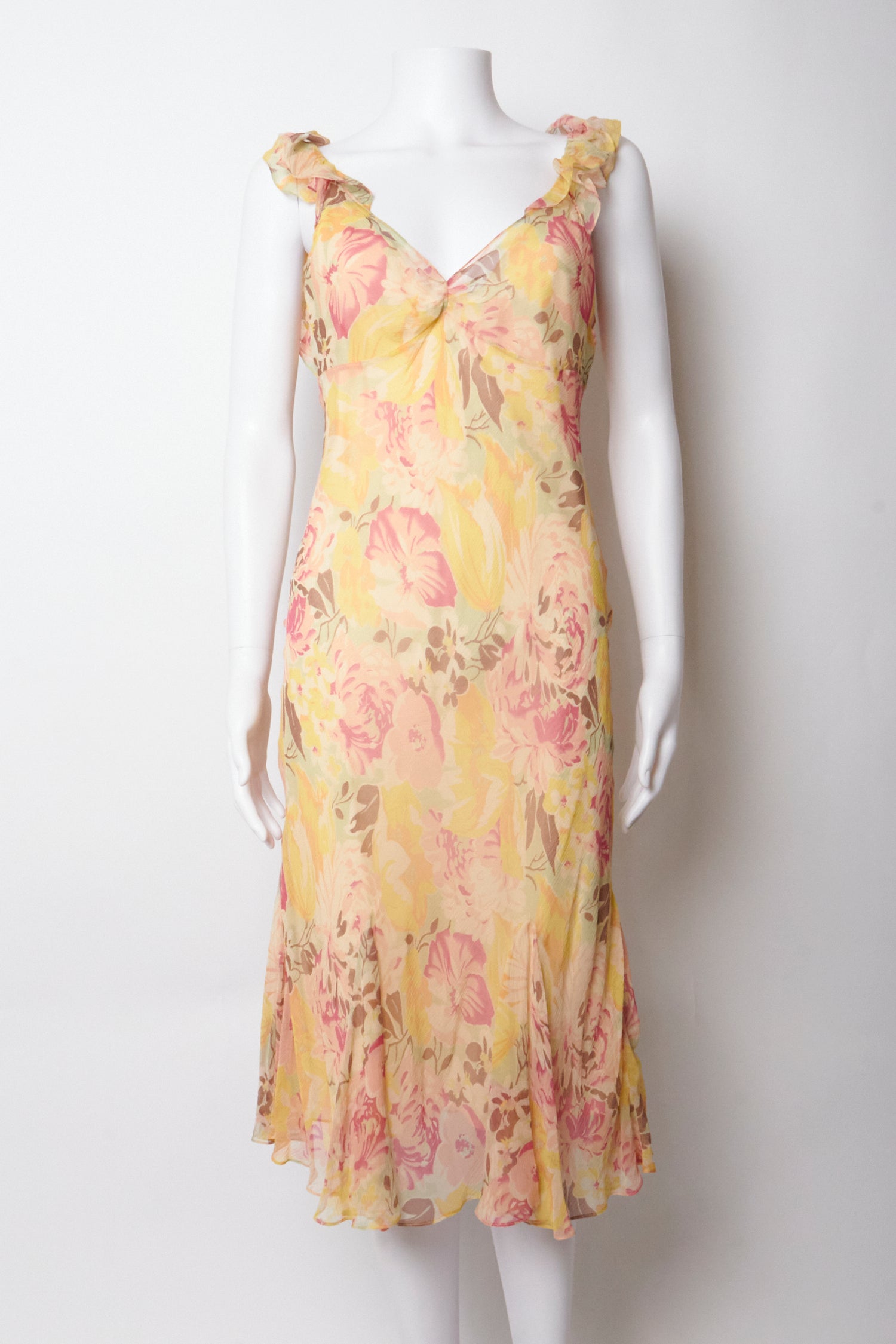 Ralph Lauren Yellow Silk Floral Ruffle Vintage Midi Dress – Blummier