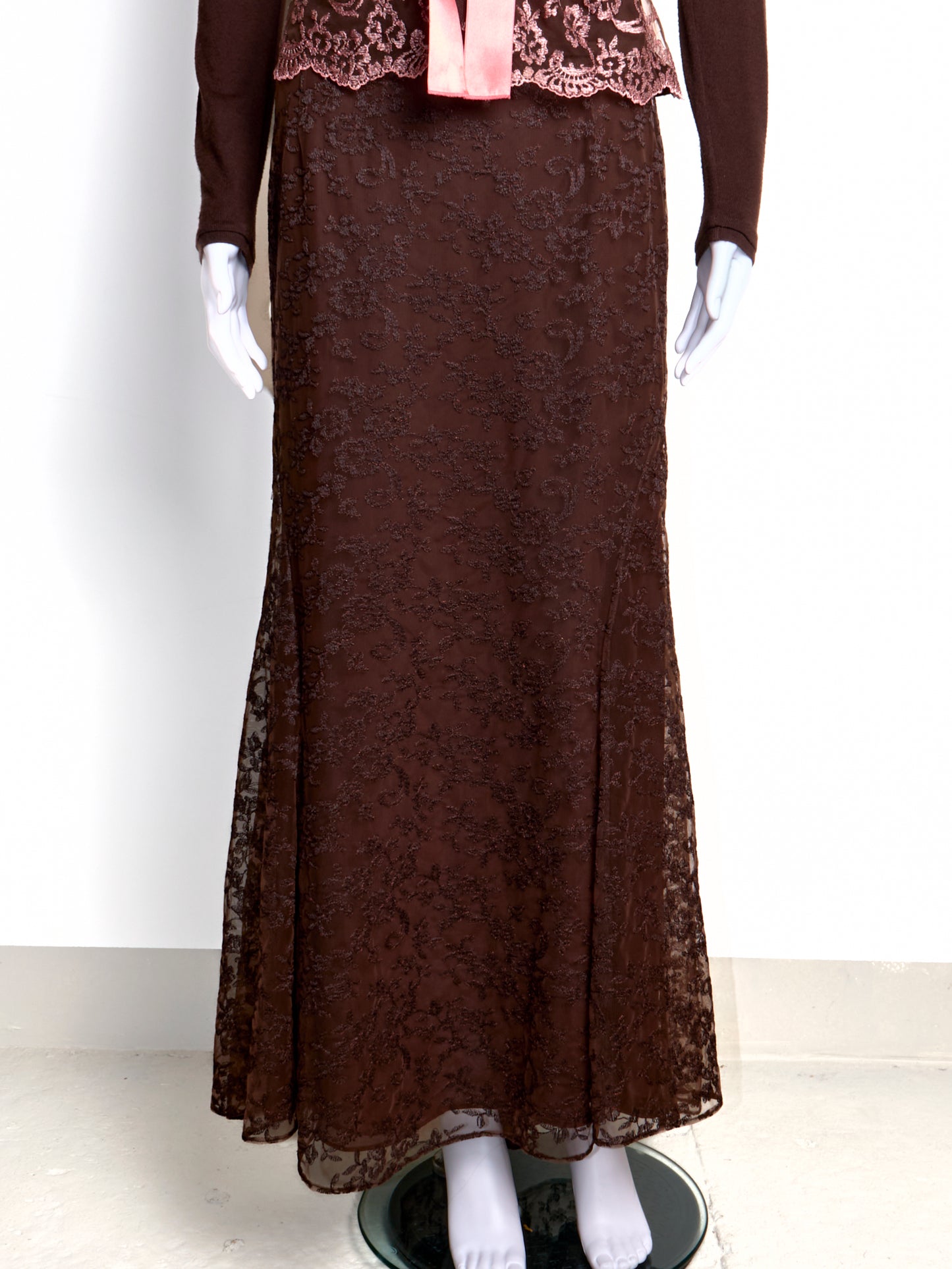 2000s Brown Lace Cardigan Skirt Top 3 Piece Set