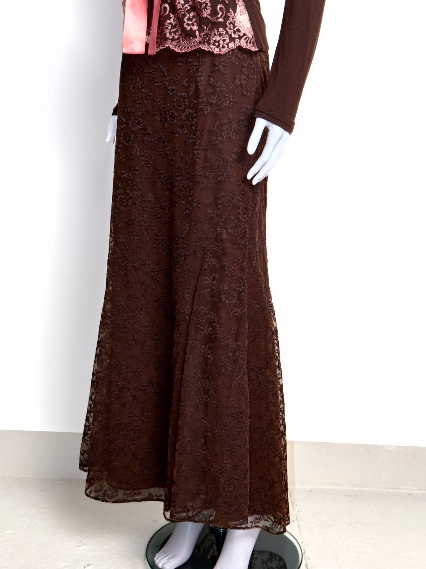 2000s Brown Lace Cardigan Skirt Top 3 Piece Set