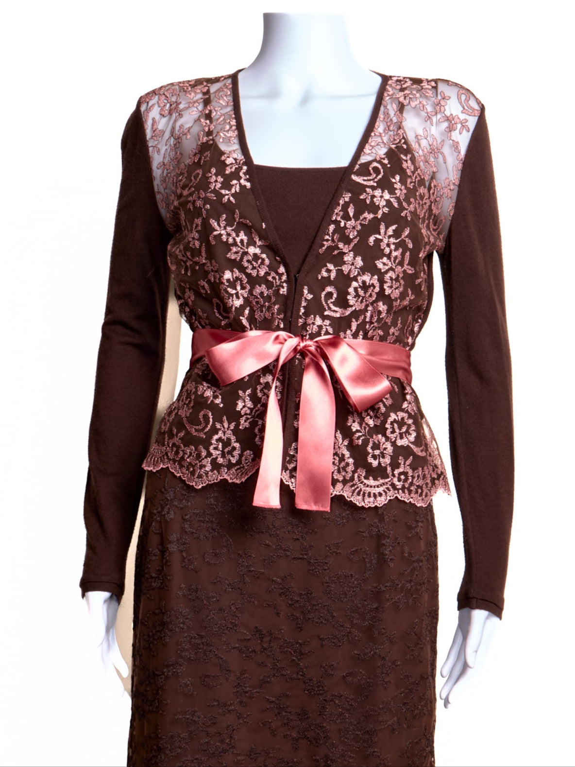 2000s Brown Lace Cardigan Skirt Top 3 Piece Set