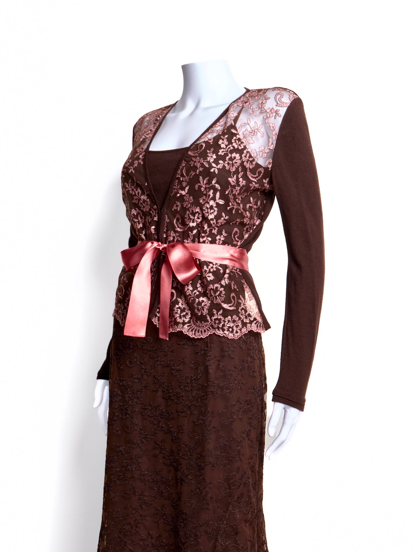 2000s Brown Lace Cardigan Skirt Top 3 Piece Set