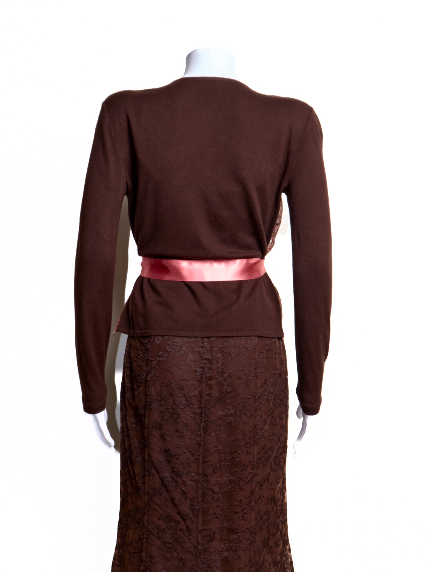 2000s Brown Lace Cardigan Skirt Top 3 Piece Set