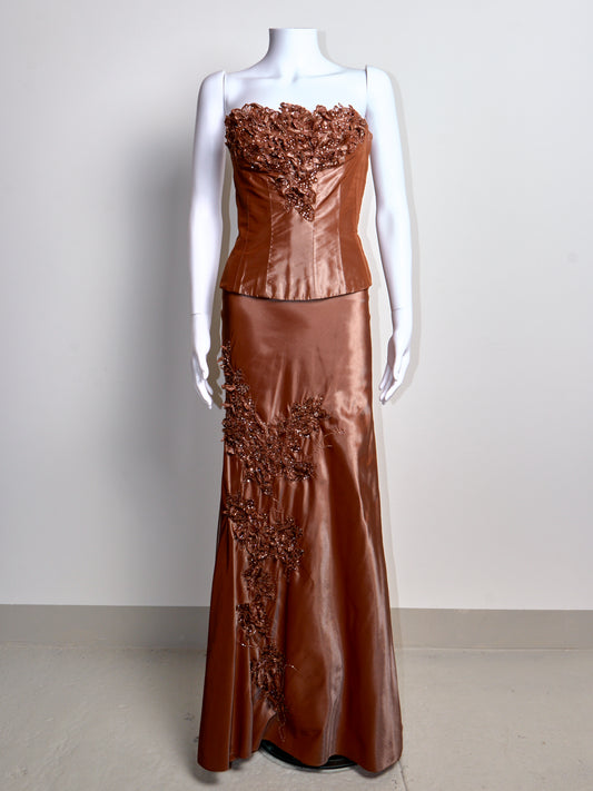 2000s Brown Silk Embellished Corset & Maxi Skirt set