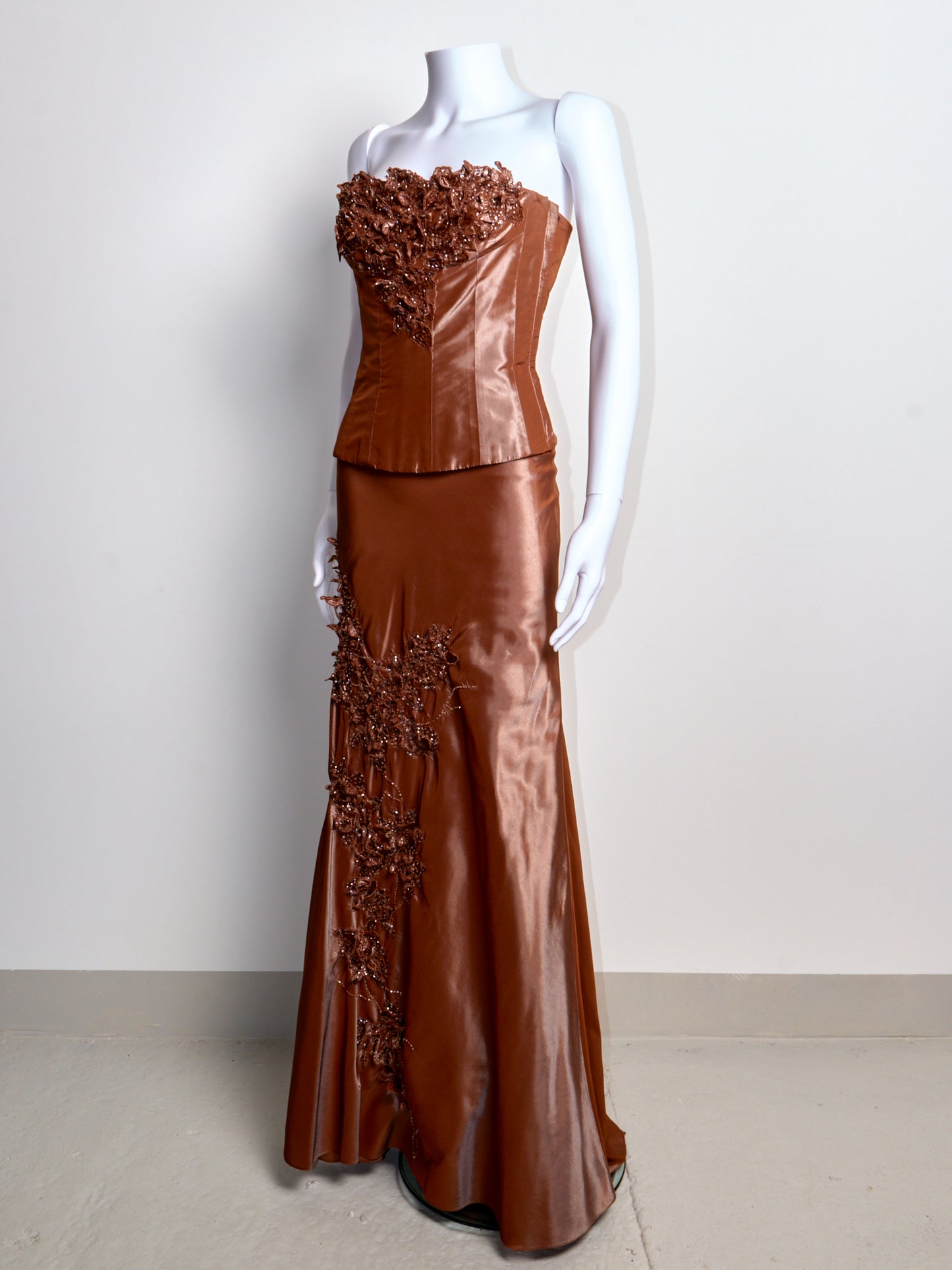 2000s Brown Silk Embellished Corset & Maxi Skirt set