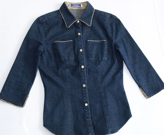 Burberry Vintage Navy Denim Shirt Plaid Beige Details Size 38