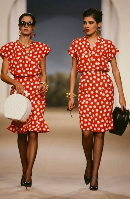 Chanel Red & White Polka Dot Vintage Runway Midi Dress 1987 (XS)