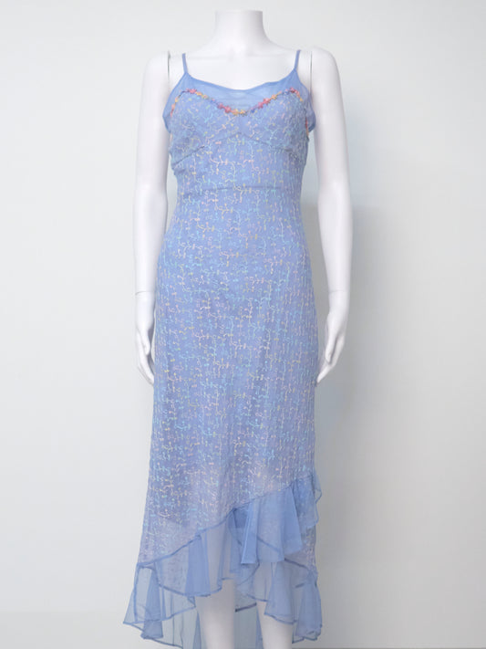 2000s Embroidered Blue Silk Midi Dress