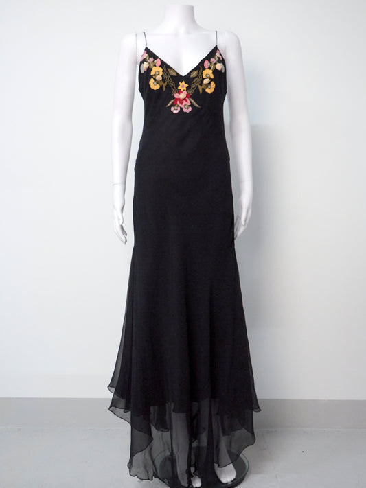 90s Embroidered Silk Black Maxi Dress