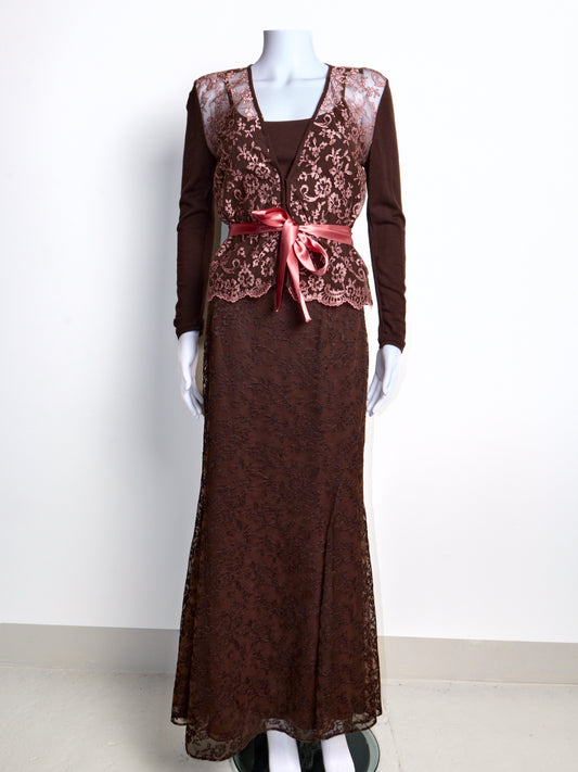 2000s Brown Lace Cardigan Skirt Top 3 Piece Set