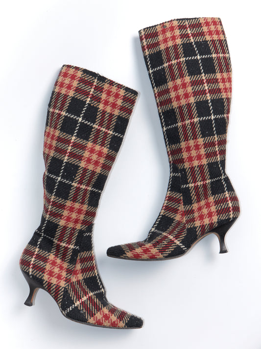 Check Wool Knee High Boots