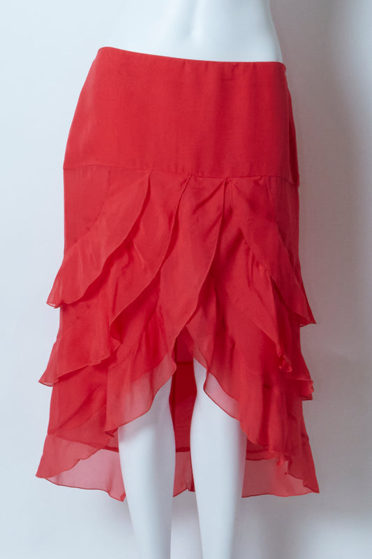 Valentino 2000s Red Ruffle Silk Midi Skirt