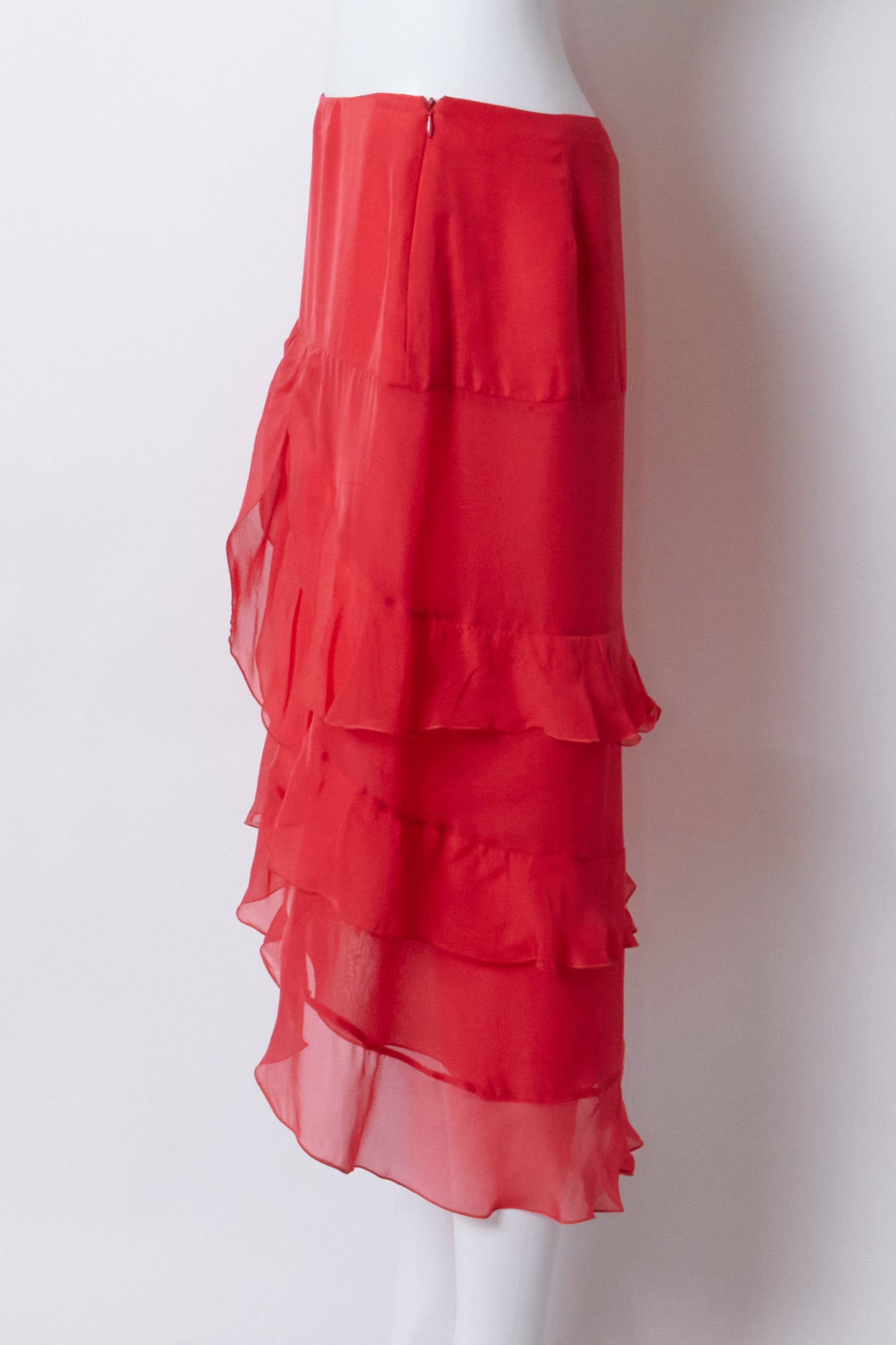 Valentino 2000s Red Ruffle Silk Midi Skirt
