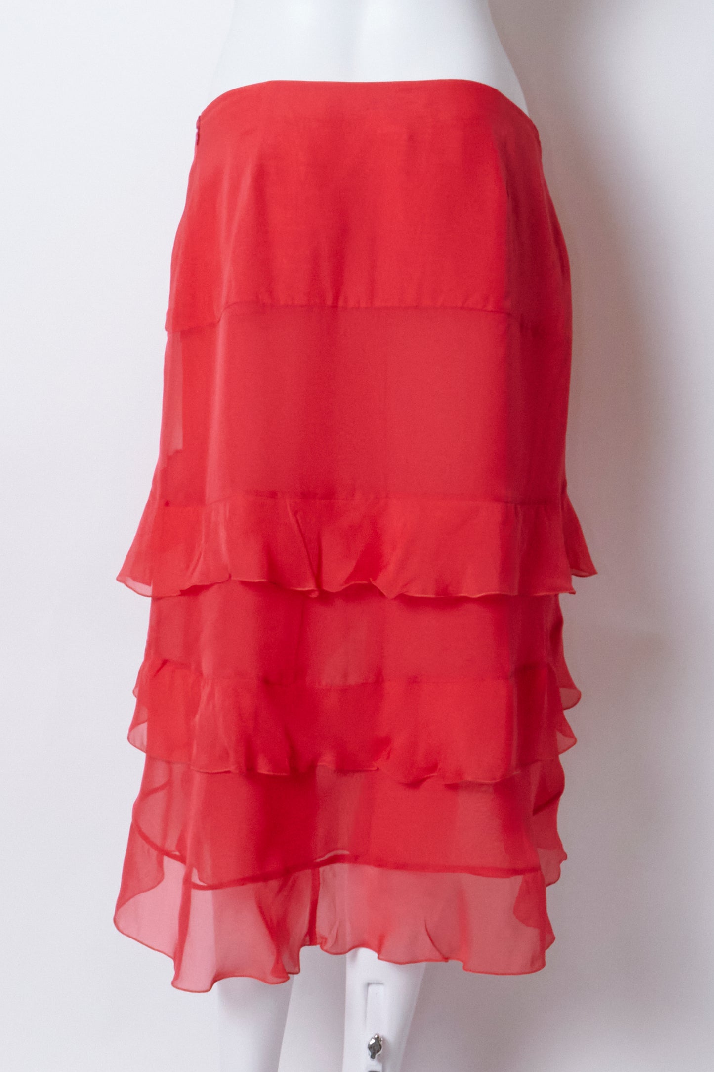 Valentino 2000s Red Ruffle Silk Midi Skirt