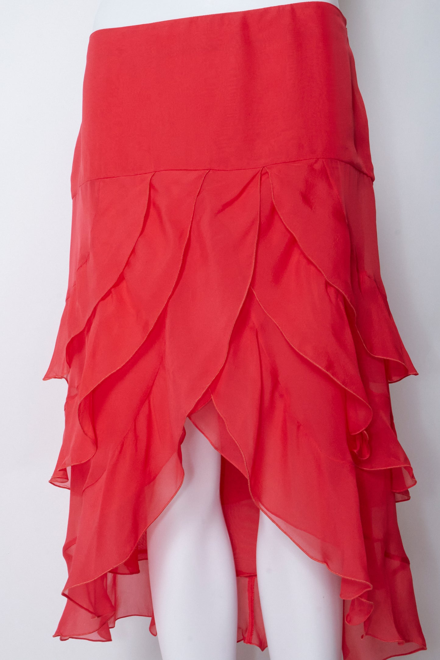 Valentino 2000s Red Ruffle Silk Midi Skirt