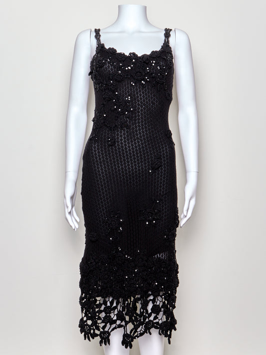 Black Crochet Floral Vintage Midi Dress