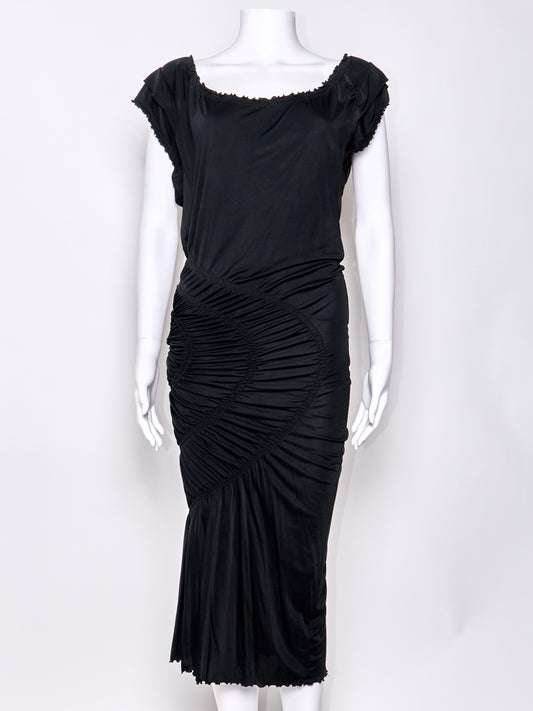 Vintage Black Ruched Cut Out Midi Dress