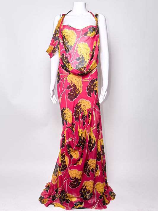 John Galliano Fall 2005 Pink Floral Silk Dress