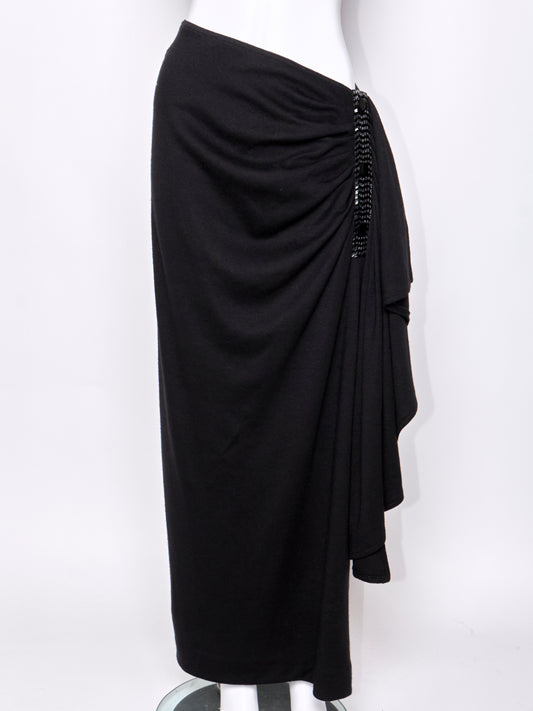 90s Embellished Beaded Black Wool Midi Skirt