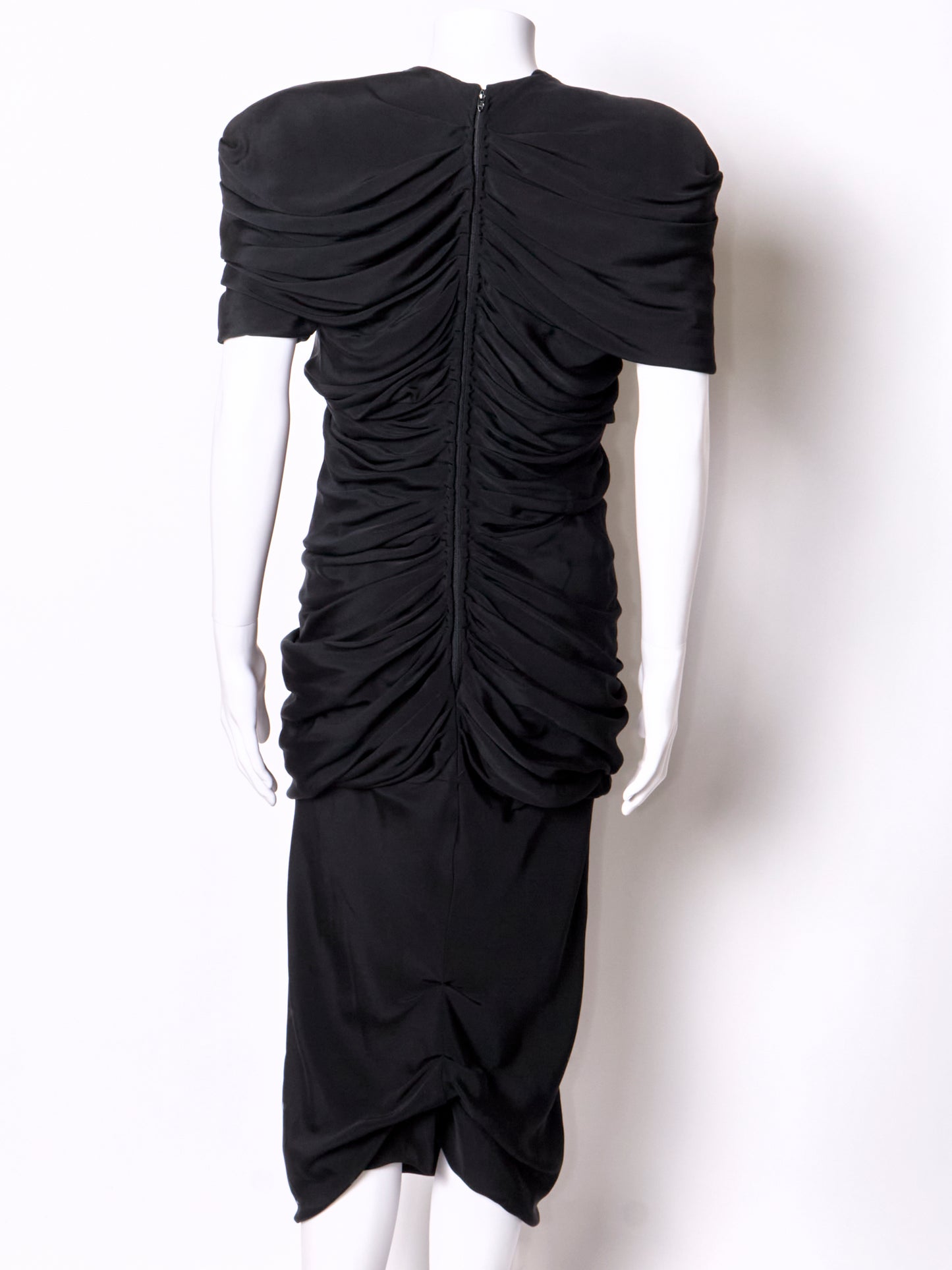 Gianni Versace Spring 1987 Black Silk Ruched Midi Dress