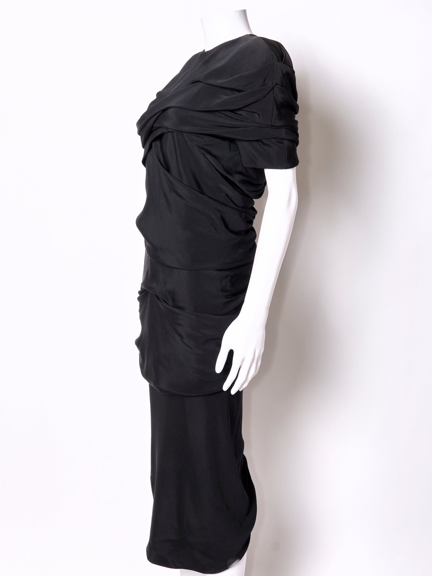 Gianni Versace Spring 1987 Black Silk Ruched Midi Dress