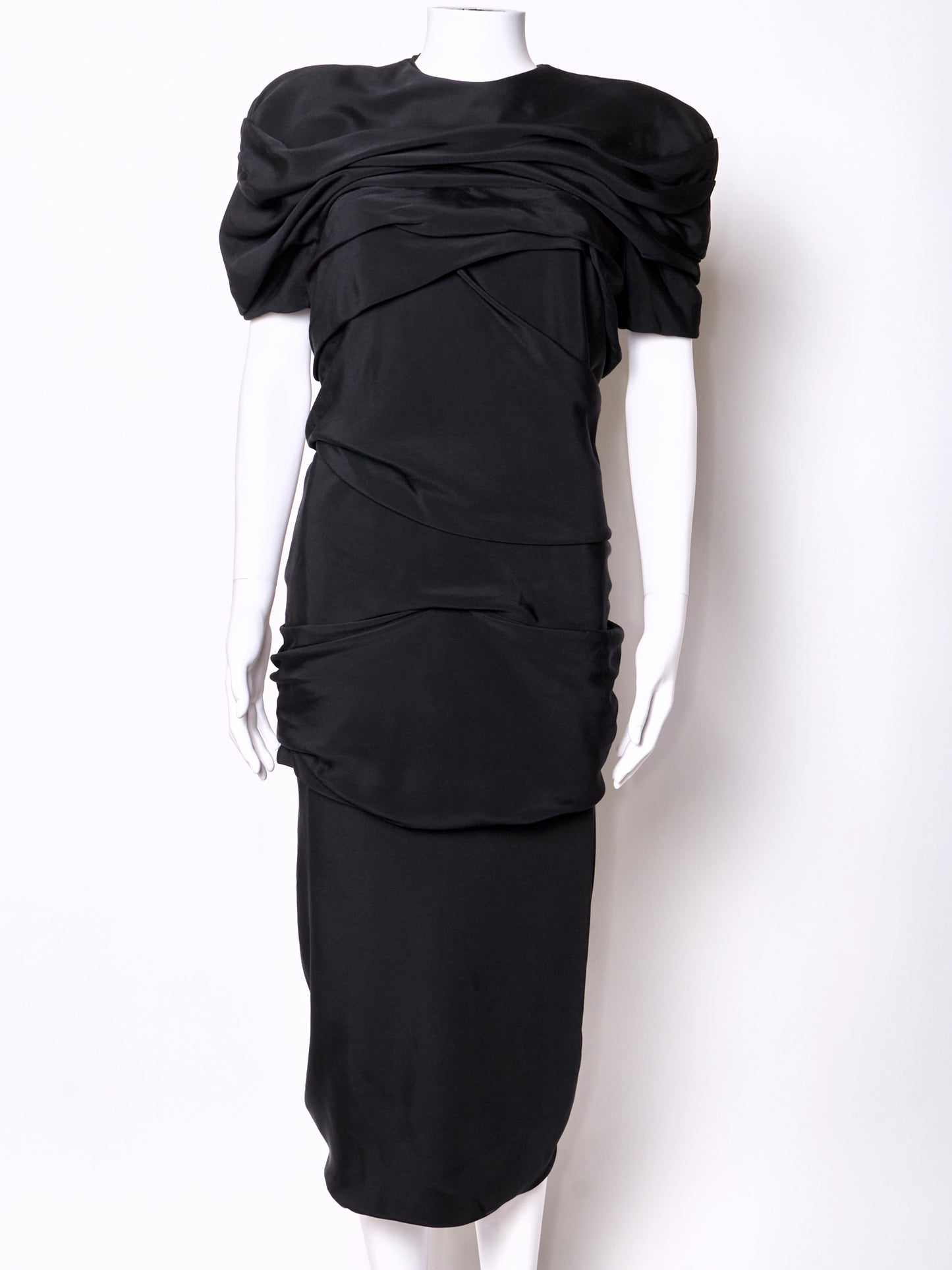Gianni Versace Spring 1987 Black Silk Ruched Midi Dress