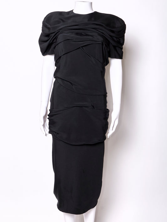 Gianni Versace Spring 1987 Black Silk Ruched Midi Dress
