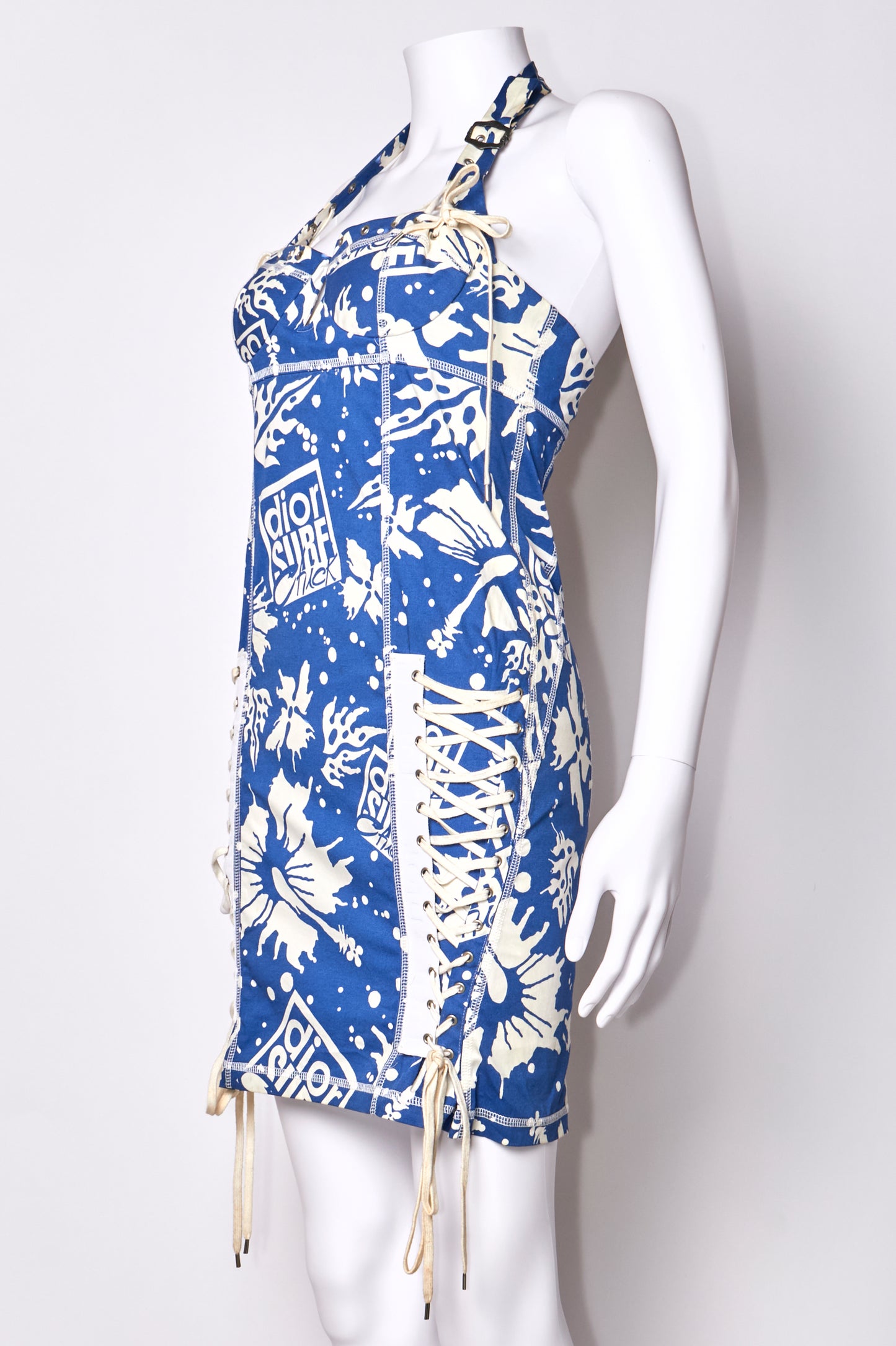 Christian Dior Spring 2004 Surf Print Bustier Halter Neck Mini Dress