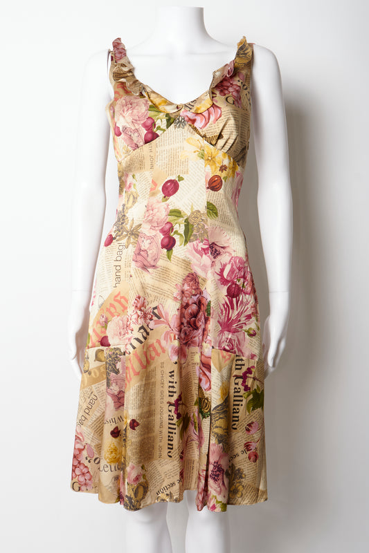 John Galliano 2000s Newspaper Floral Print Silk Midi Dress