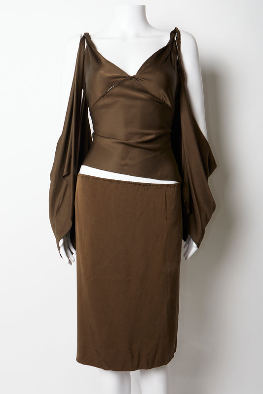 Gucci Tom Ford 2002 Brown Silk Blouse & Skirt Two Piece Set