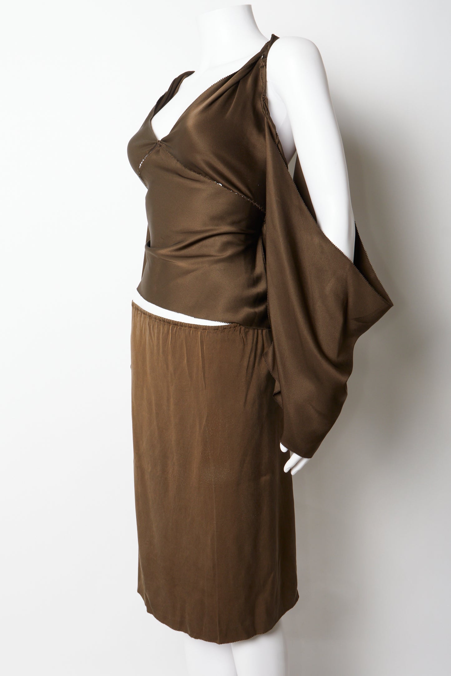 Gucci Tom Ford 2002 Brown Silk Blouse & Skirt Two Piece Set