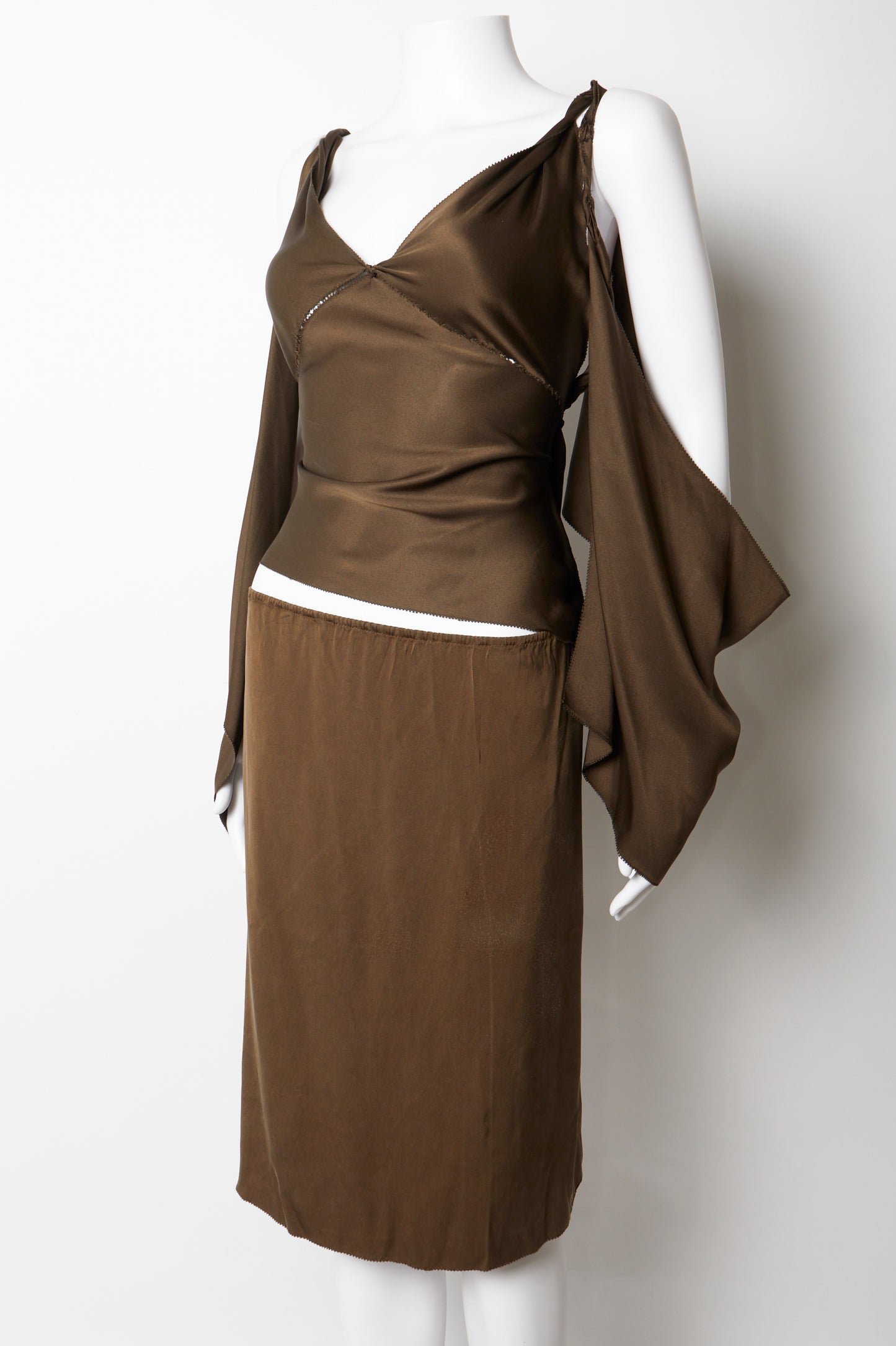 Gucci Tom Ford 2002 Brown Silk Blouse & Skirt Two Piece Set
