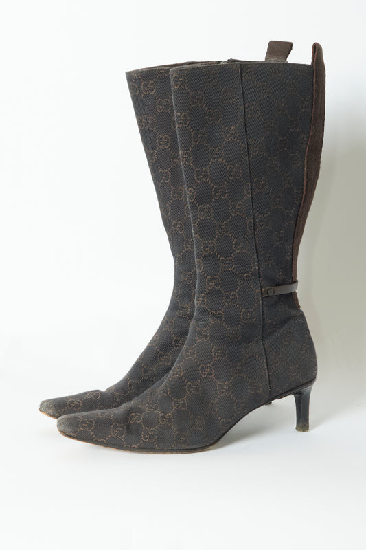Gucci Brown Monogram High Knee Vintage Boots
