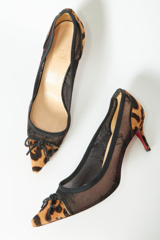 Christian Louboutin Leopard Pony Hair & Black Mesh Pumps