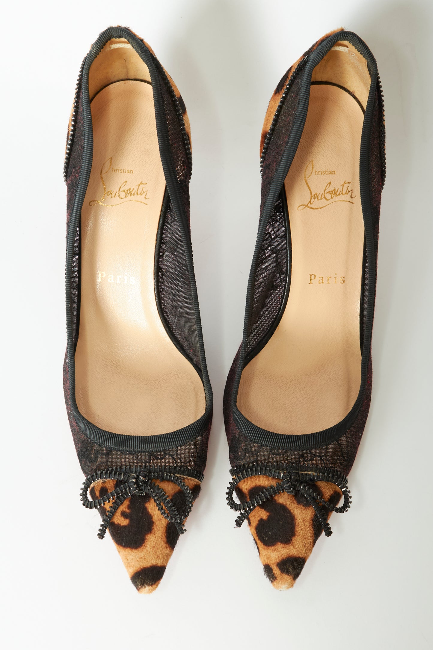 Christian Louboutin Leopard Pony Hair & Black Mesh Pumps