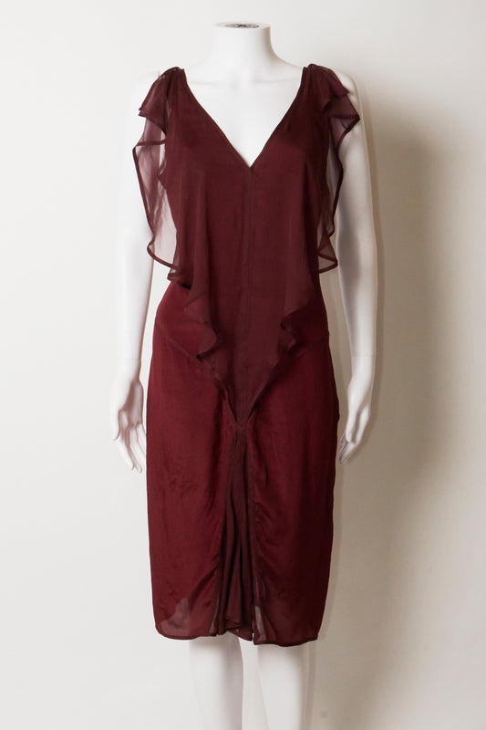 Yves Saint Laurent by Tom Ford 2003 Burgundy Silk Ruffle Midi Dress