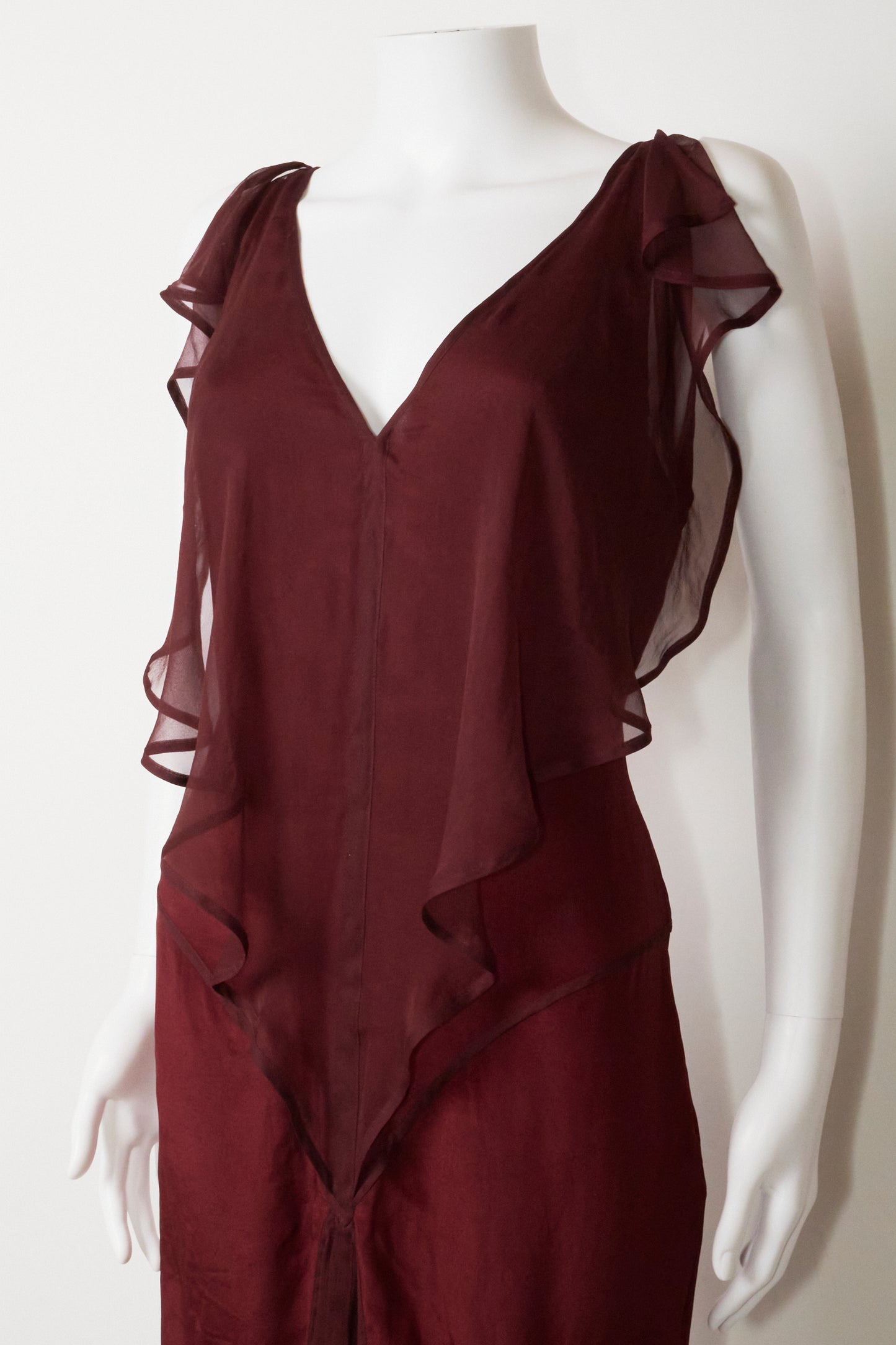 Yves Saint Laurent by Tom Ford 2003 Burgundy Silk Ruffle Midi Dress