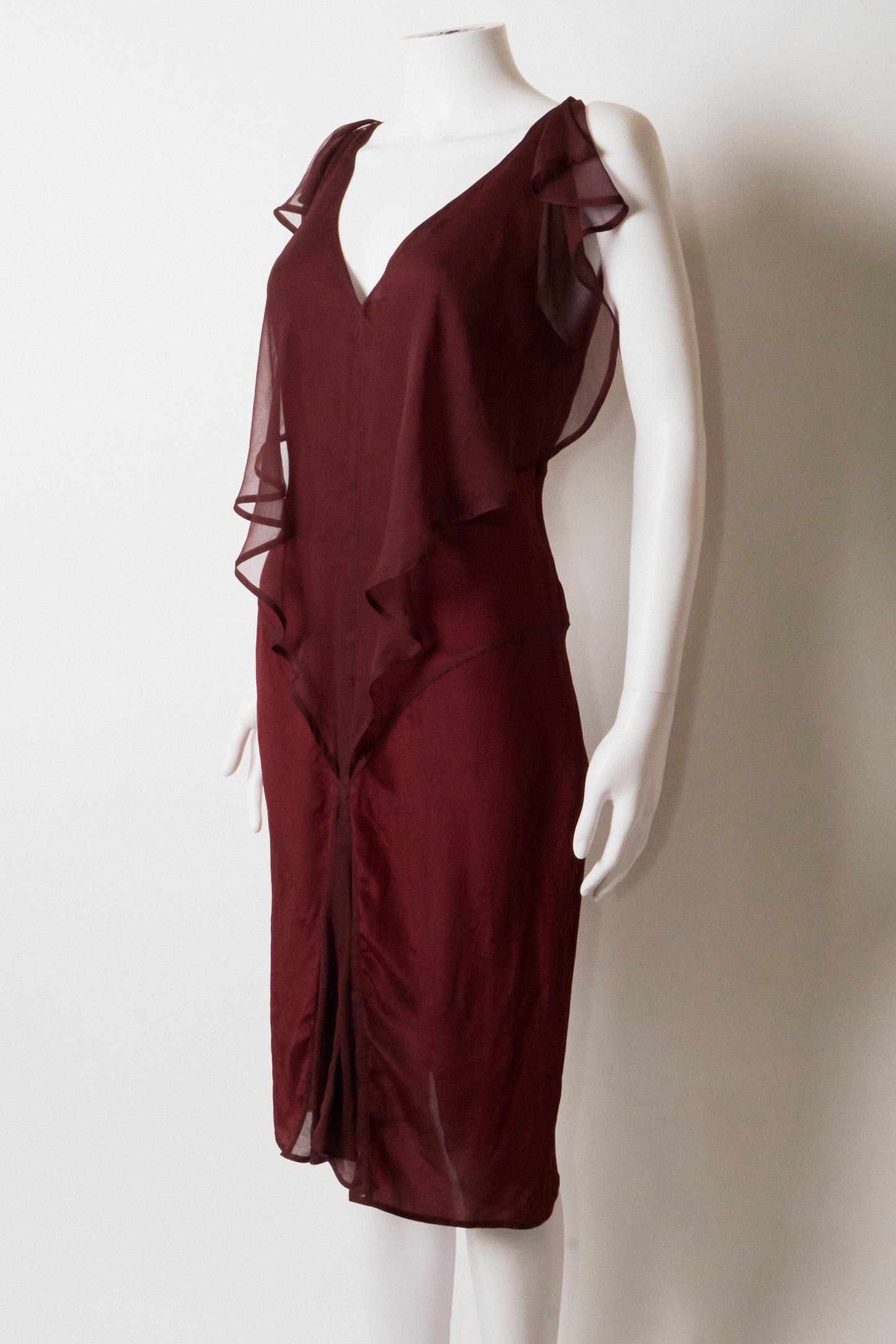Yves Saint Laurent by Tom Ford 2003 Burgundy Silk Ruffle Midi Dress
