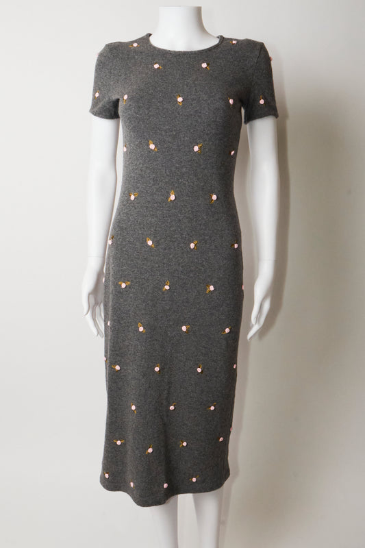Dolce & Gabbana D&G Grey Wool Embroidered Roses Midi Dress