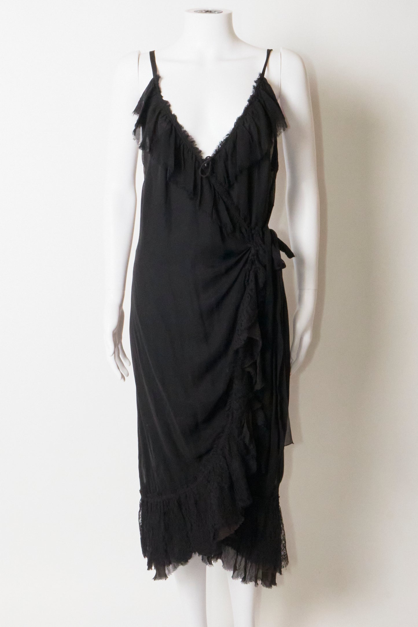 Prada 2000s Black Silk Ruffle Midi Dress