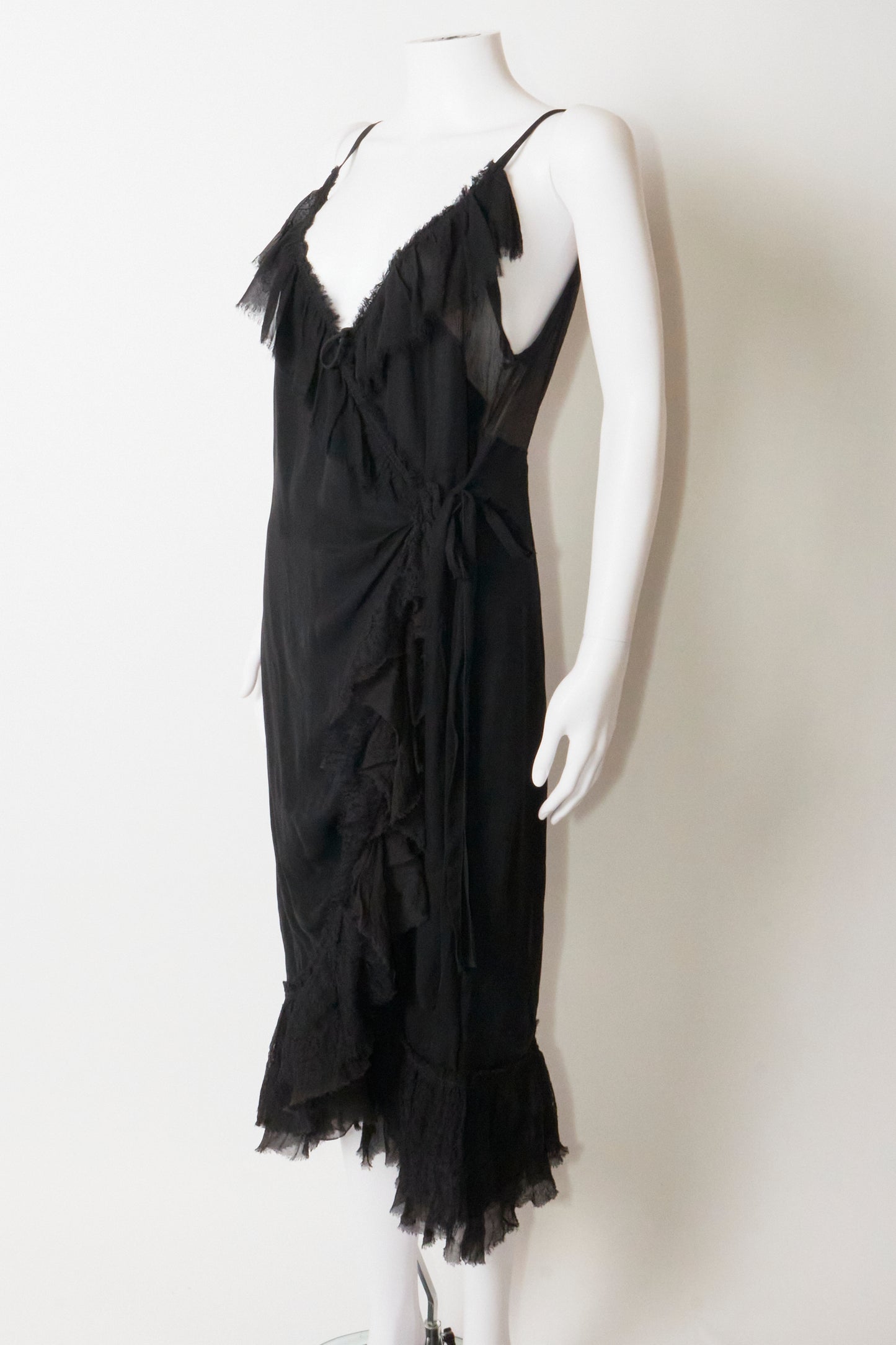 Prada 2000s Black Silk Ruffle Midi Dress