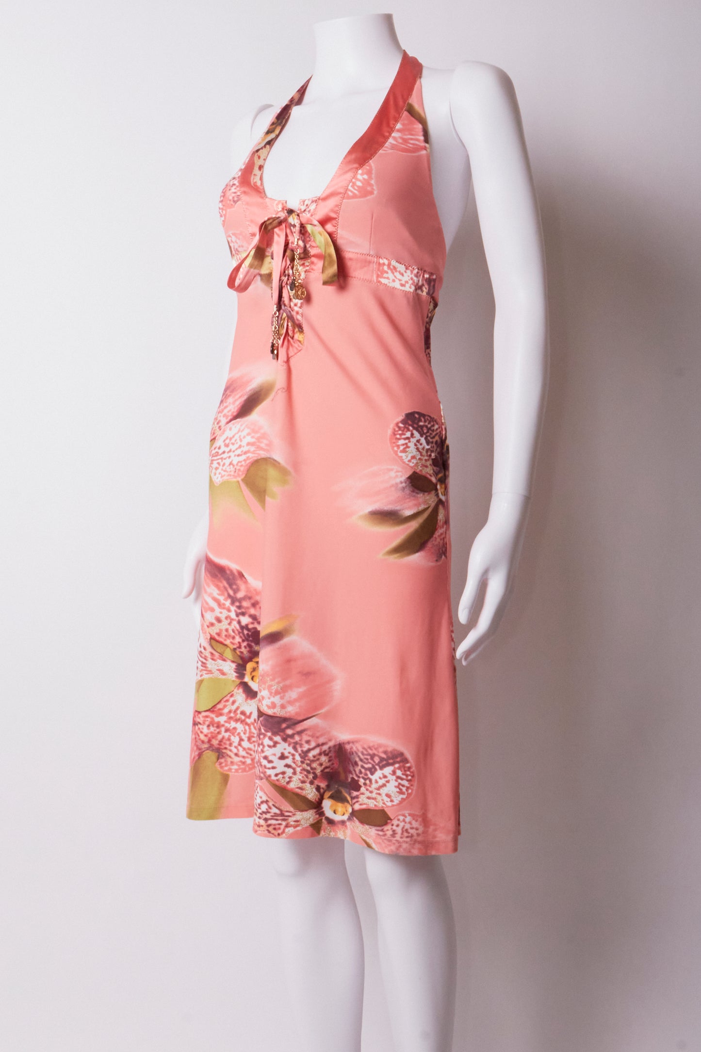 Roberto Cavalli 2005 Pink Floral Halter Midi Dress