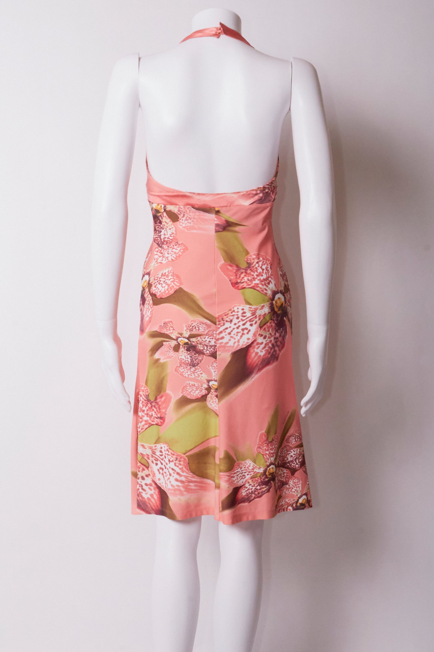 Roberto Cavalli 2005 Pink Floral Halter Midi Dress
