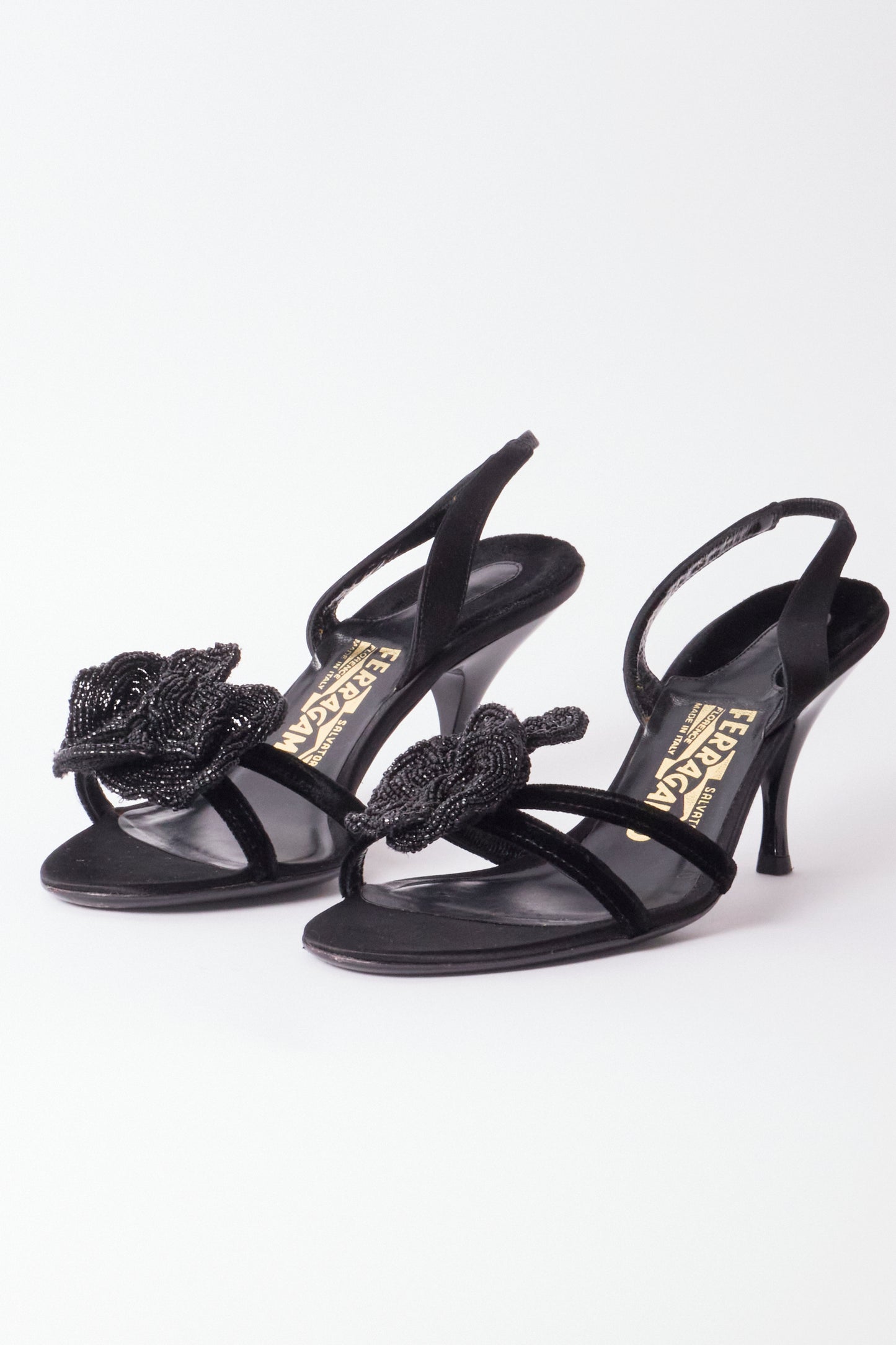 Salvatore Ferragamo Black Satin Beaded Flower Heels