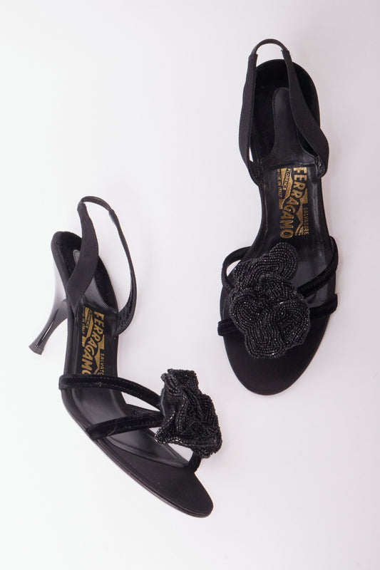 Salvatore Ferragamo Black Satin Beaded Flower Heels