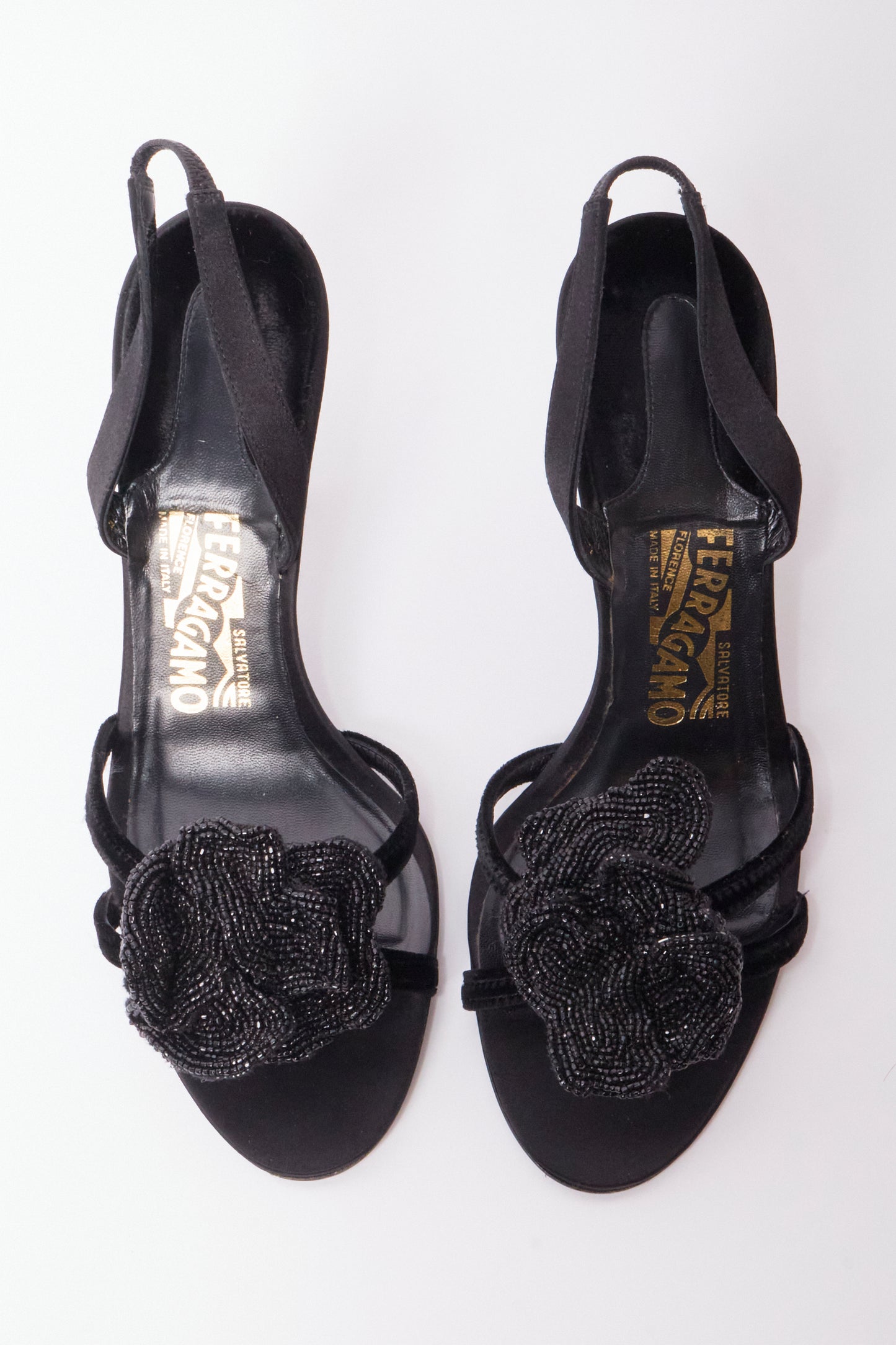 Salvatore Ferragamo Black Satin Beaded Flower Heels