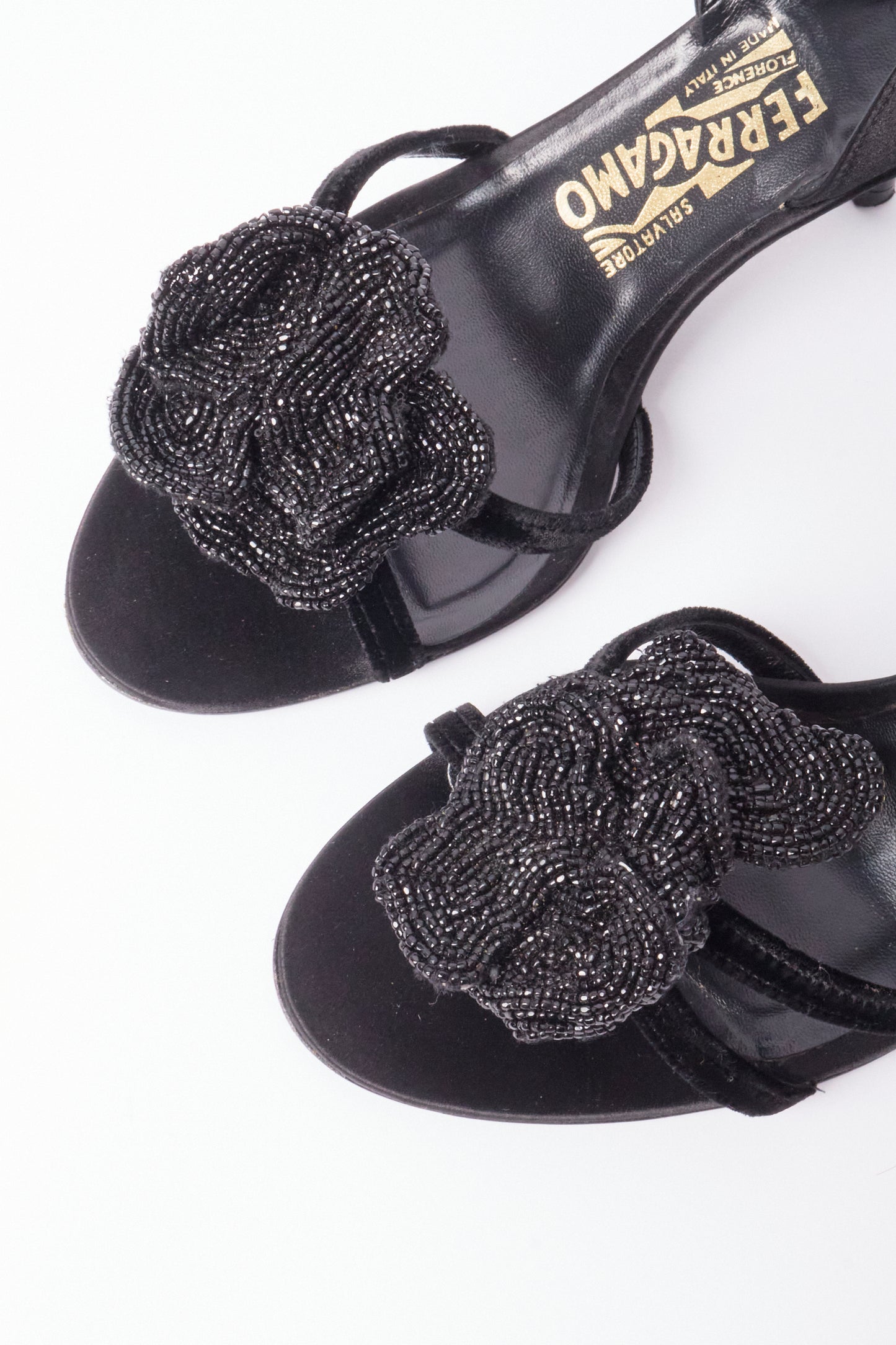 Salvatore Ferragamo Black Satin Beaded Flower Heels