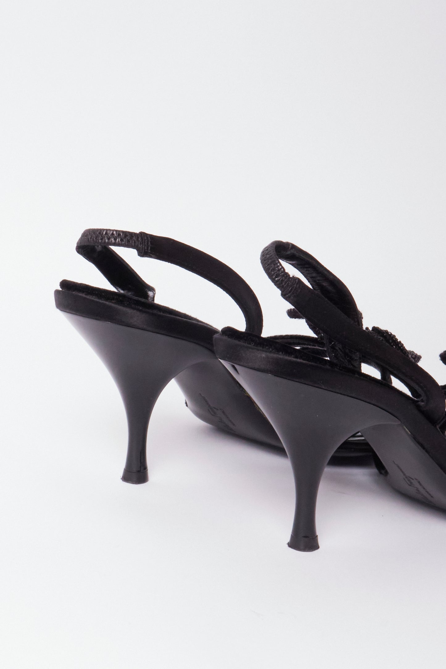 Salvatore Ferragamo Black Satin Beaded Flower Heels