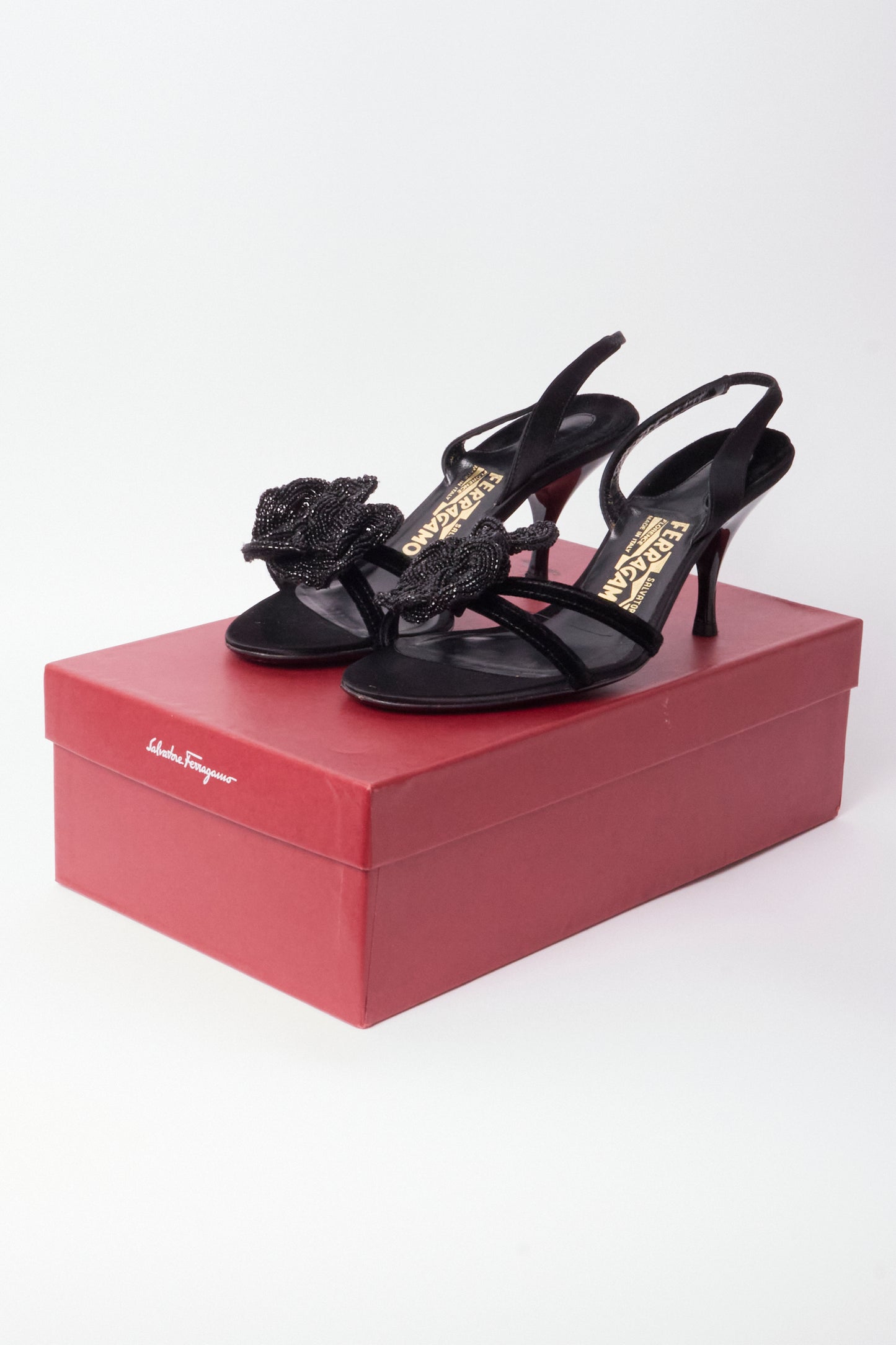 Salvatore Ferragamo Black Satin Beaded Flower Heels