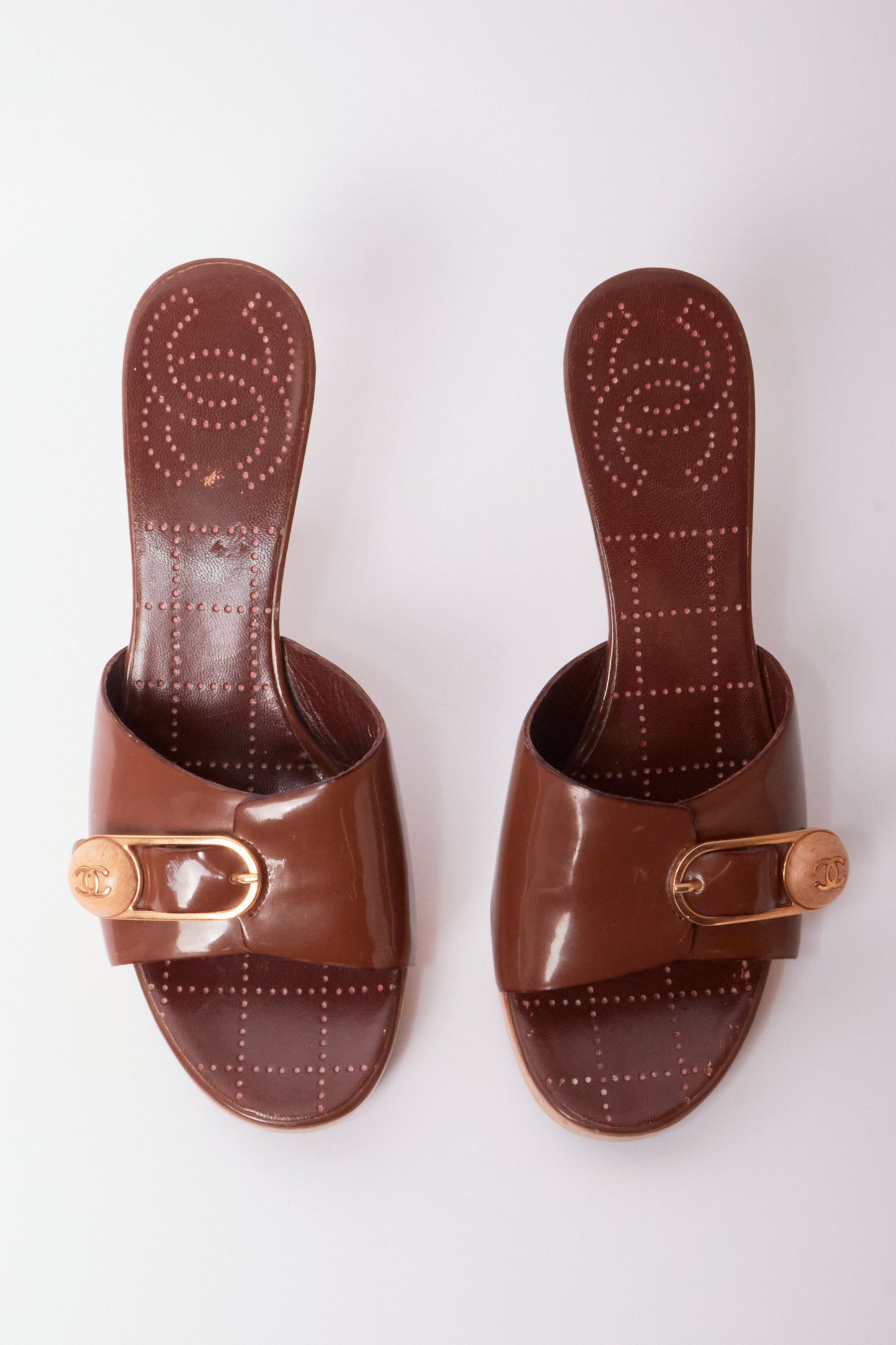 Chanel Brown Patent Leather CC Buckle Wooden Clog